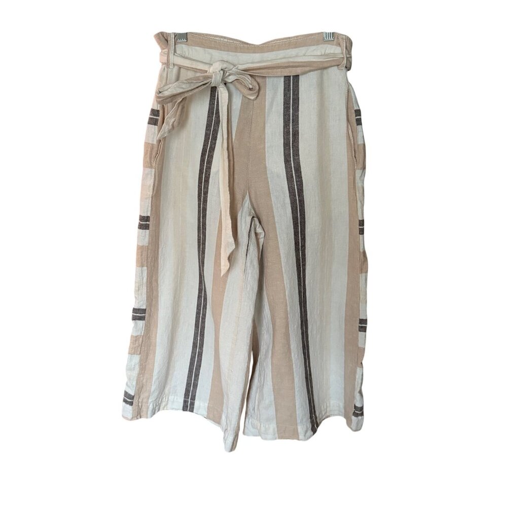 Anthropologie Striped Wide-Leg Linen/Cotton Pants With Tie Belt Beige/Brown Stri